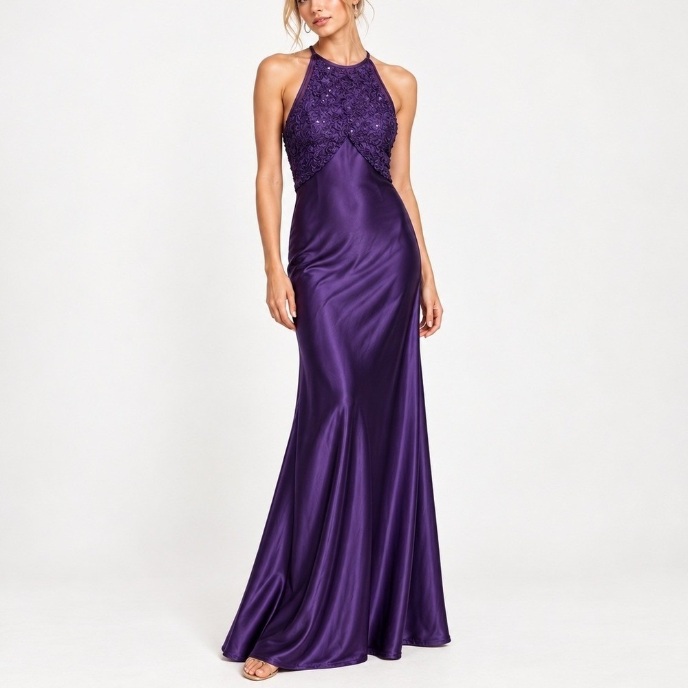 Morgan and Co Maxi Dress Women S Purple Sequin Halter Fairy Vtg Y2K HoCo READ